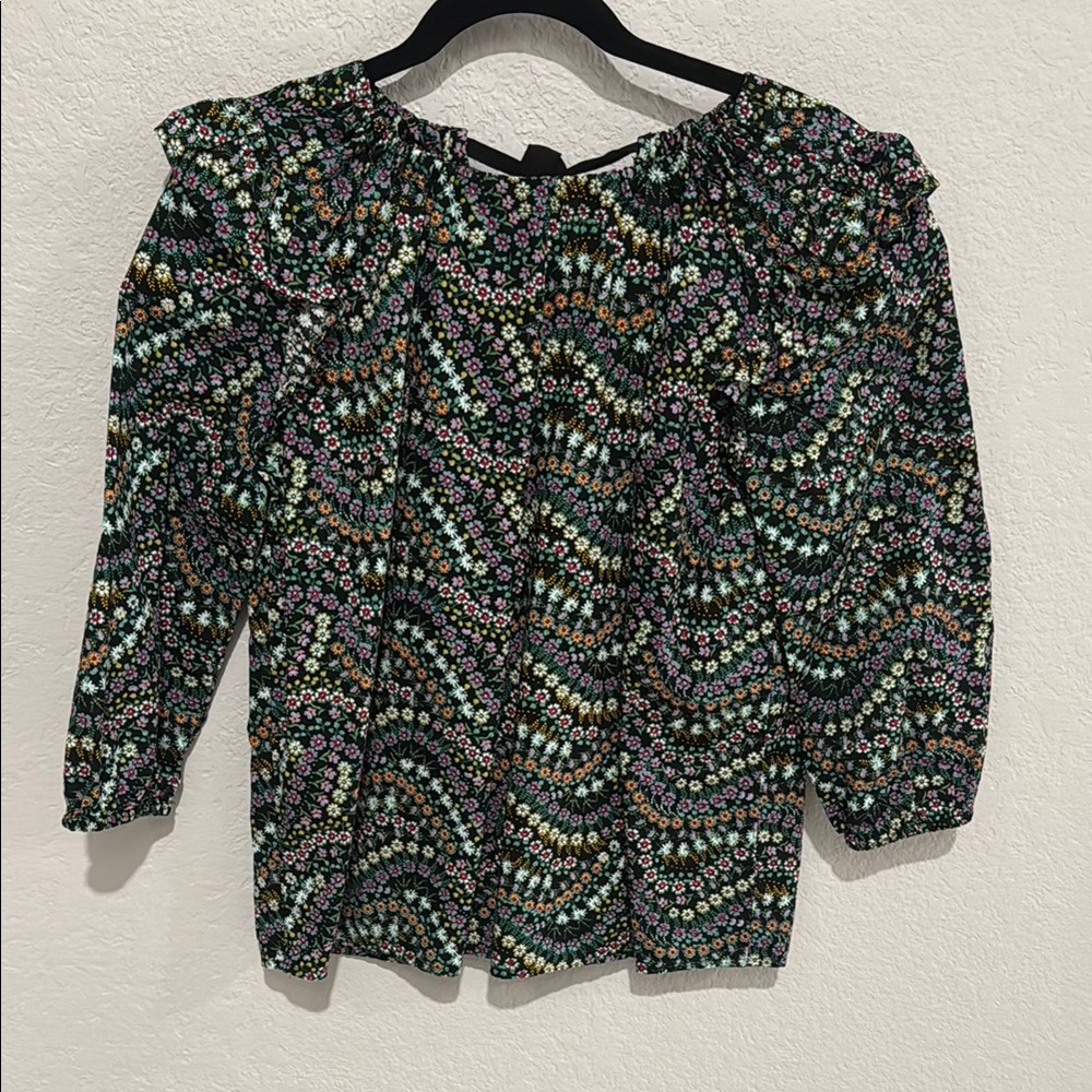LOFT Black and White Puff Sleeve Sequin Blouse